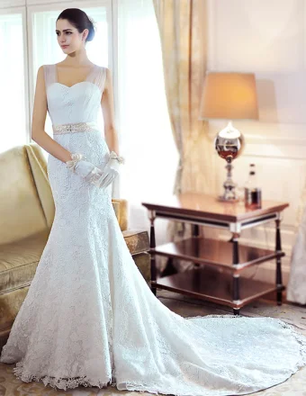 Trompette Épaules De Tulle Sirène Parole Longueur De Train Dentelle Chapelle Robe De Mariée
