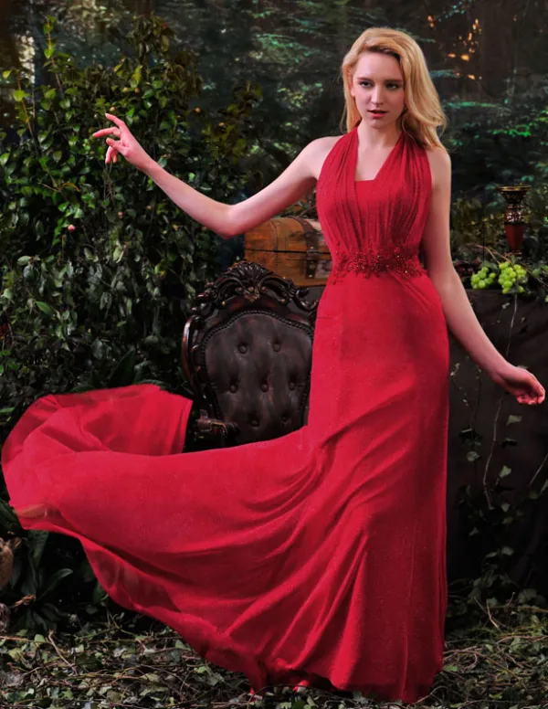2015 Fashion A-line Halter Beading Lace Red Evening Dresses