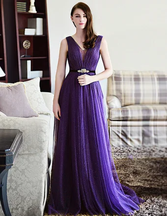 2015 A Line Shoulders Deep V Neck Tulle Evening Dress With Sash