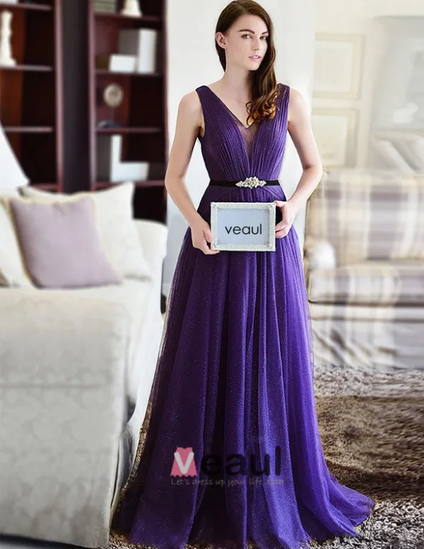 2015 A-line Shoulders Deep V-neck Tulle Evening Dress With Sash