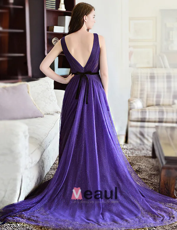2015 A-line Shoulders Deep V-neck Tulle Evening Dress With Sash