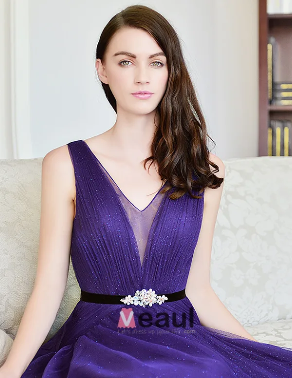 2015 A-line Shoulders Deep V-neck Tulle Evening Dress With Sash