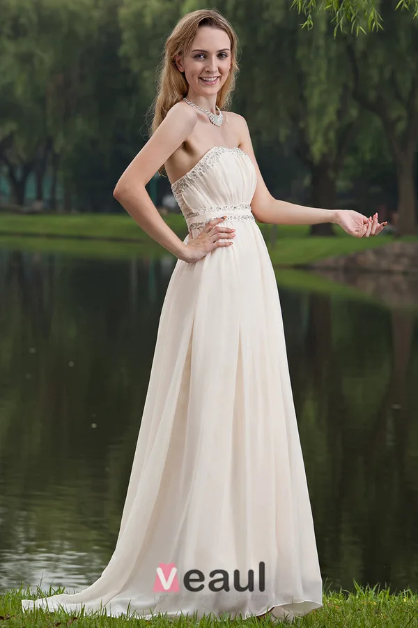 2015 Simple A-line Strapless Champagne long Evening Dresses