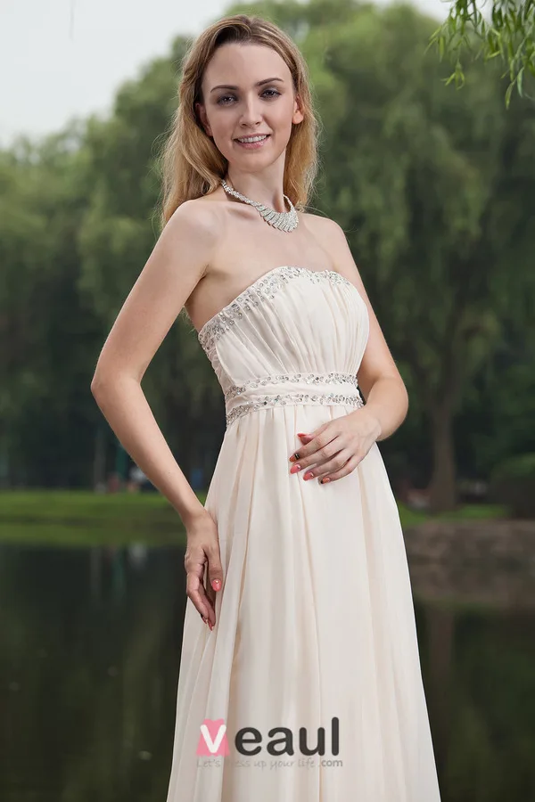 2015 Simple A-line Strapless Champagne long Evening Dresses