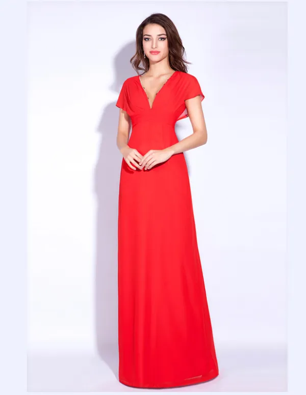 2015 Alluring Perfect Short Sleeves V-neck Red Chiffon Evening Dress