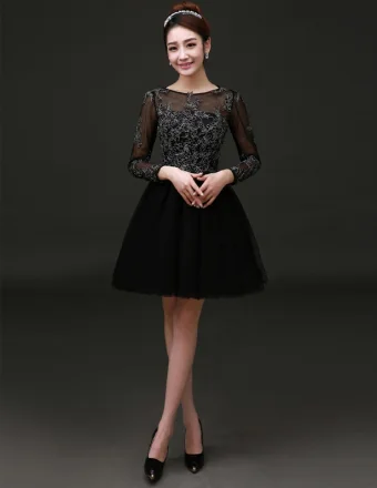 Élégant Col Rond Manches Longues Robe De Cocktail Petite Robe Noire