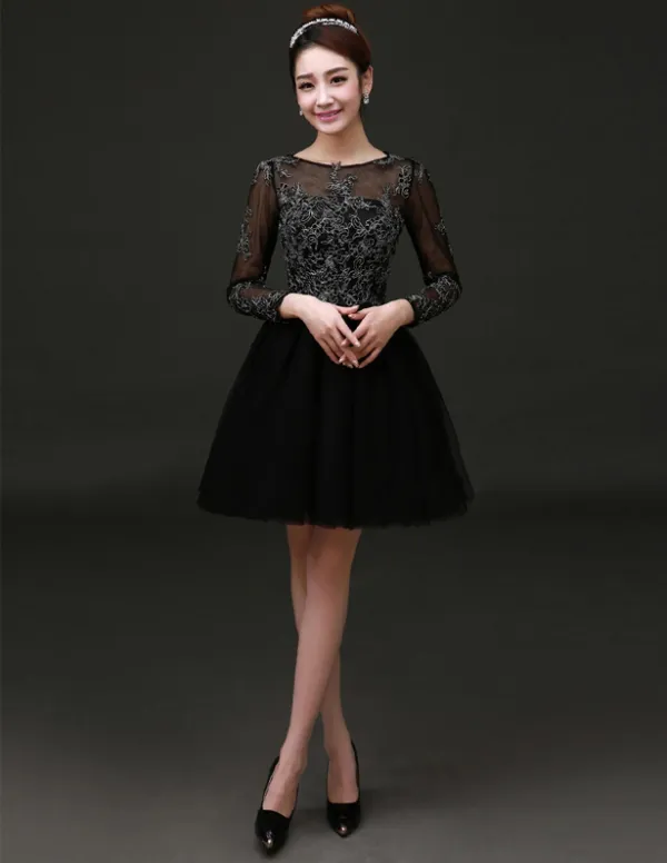 2015 Elegant Scoop Neck Long Sleeves Cocktail Dress/ Little Black Dress