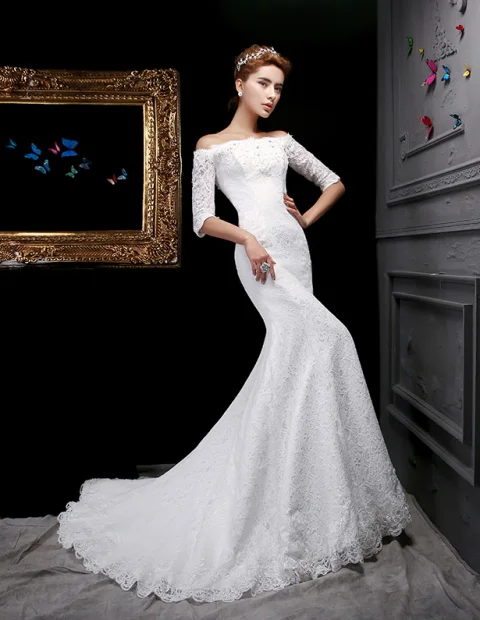 2015 Trompete / Mermaid Quadratischen Ausschnitt 1/2 Ärmel Spitze Brautkleider