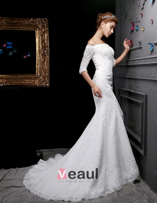 2015 Trumpet /Mermaid Square Neckline 1/2 Sleeves Lace Wedding Dresses