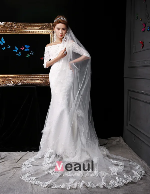 2015 Trumpet /Mermaid Square Neckline 1/2 Sleeves Lace Wedding Dresses