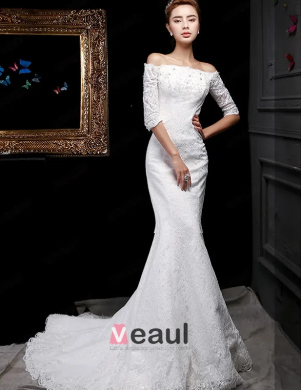 2015 Trumpet /Mermaid Square Neckline 1/2 Sleeves Lace Wedding Dresses