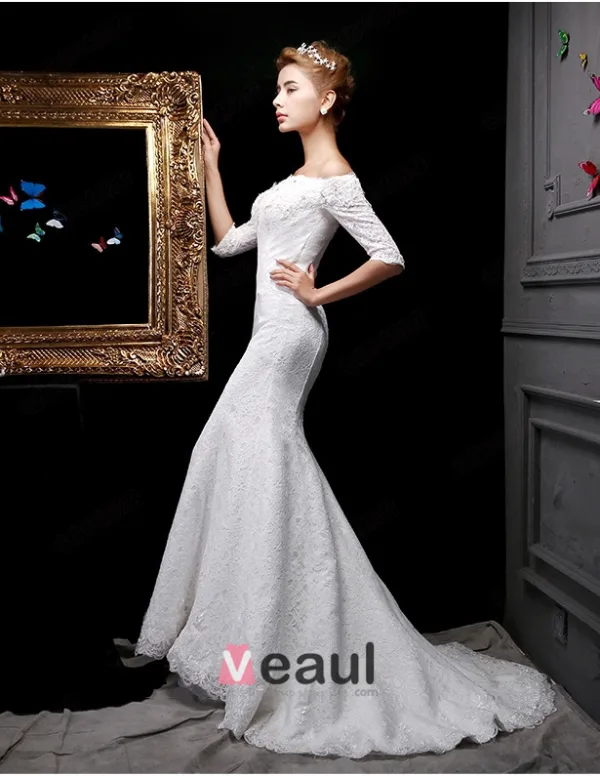 2015 Trumpet /Mermaid Square Neckline 1/2 Sleeves Lace Wedding Dresses