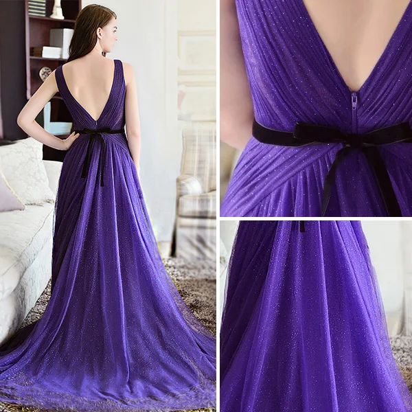 2015 A-line Shoulders Deep V-neck Tulle Evening Dress With Sash