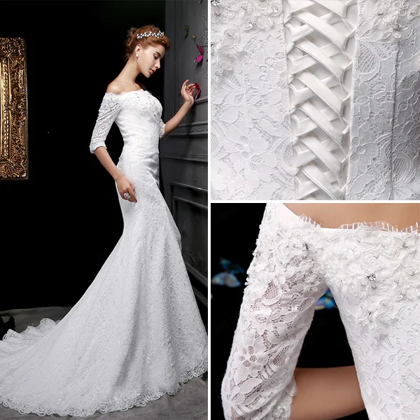 2015 Trumpet /Mermaid Square Neckline 1/2 Sleeves Lace Wedding Dresses
