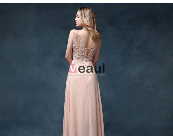 Encolure Carrée Dentelle Brodée De Perles Robe De Soirée En Mousseline De Soie