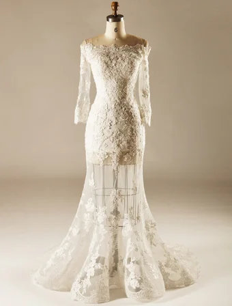 2015 A Line Square Neckline Pierced Lace Flowers Beach Wedding Dresses