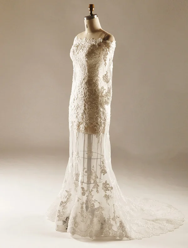 2015 A-line Square Neckline Pierced Lace Flowers Beach Wedding Dresses