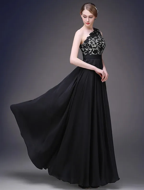 2015 A-line One Shoulder Beading Lace Black Satin Evening Dress