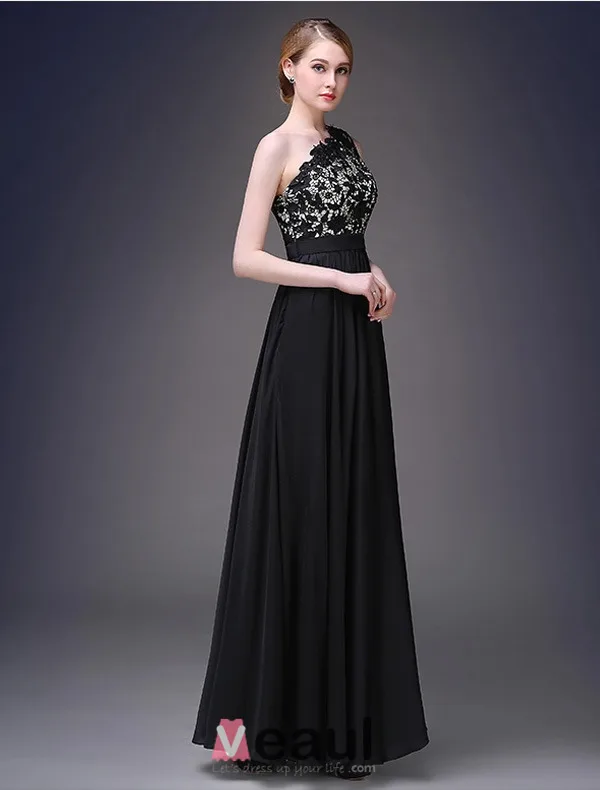 Une Ligne Une Épaule Dentelle Perles Robe De Soirée En Satin Noir