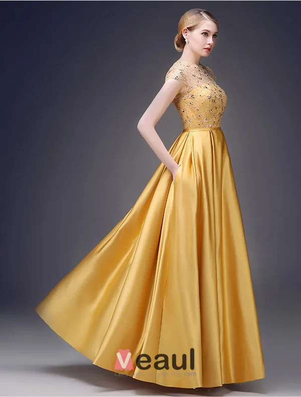 A-line Prinsessa Fyrkantig Ringning Beading Paljetter Ärmar Satin Aftonklänningar