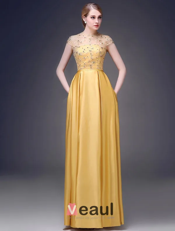 A-line Prinsessa Fyrkantig Ringning Beading Paljetter Ärmar Satin Aftonklänningar