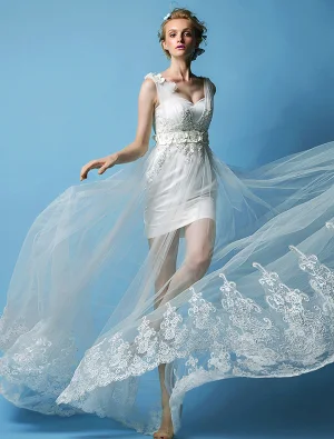 Épaules Un Ligne Perlage Fleurs À La Main Robe De Mariage De Plage
