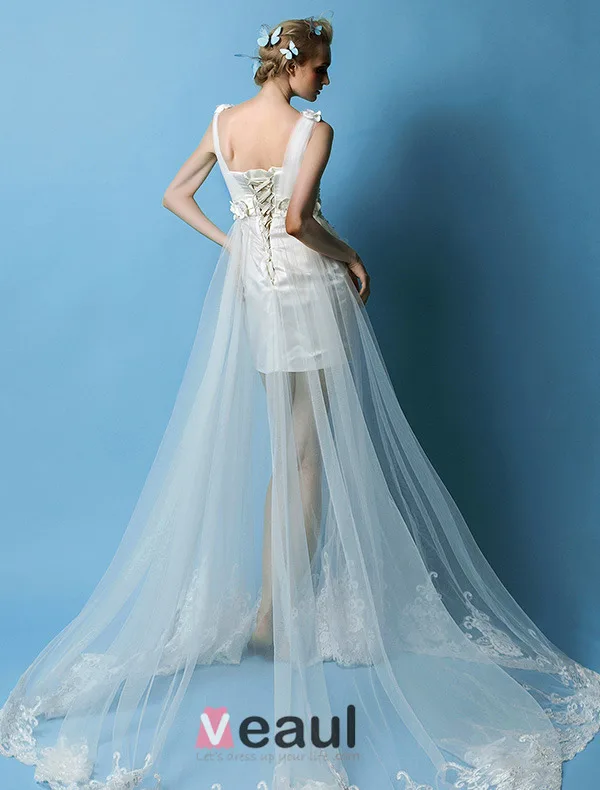 2015 A-line Shoulders Beading Handmade Flowers Beach Wedding Dress