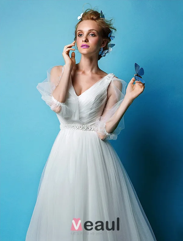 A-ligne Manches Princesse V-cou Tulle Robe De Mariage
