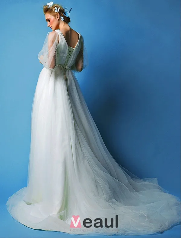 A-ligne Manches Princesse V-cou Tulle Robe De Mariage
