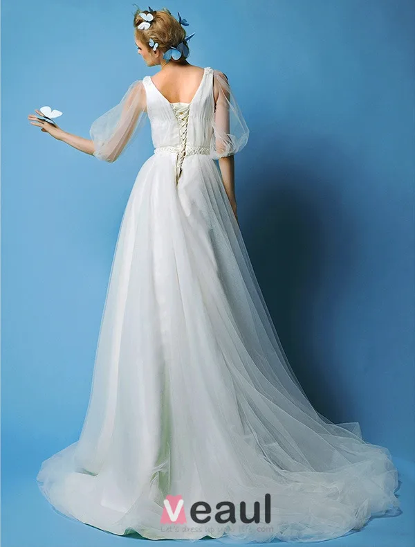 A-ligne Manches Princesse V-cou Tulle Robe De Mariage
