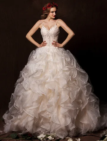 2015 Ball Gown Sweetheart Spaghetti Straps Cascading Ruffles Champagne Wedding Dress