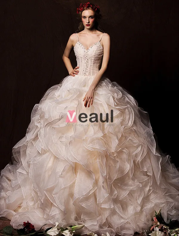 Robe De Bal Sweetheart Bretelles Spaghetti Volants En Cascade Robe De Mariée Champagne