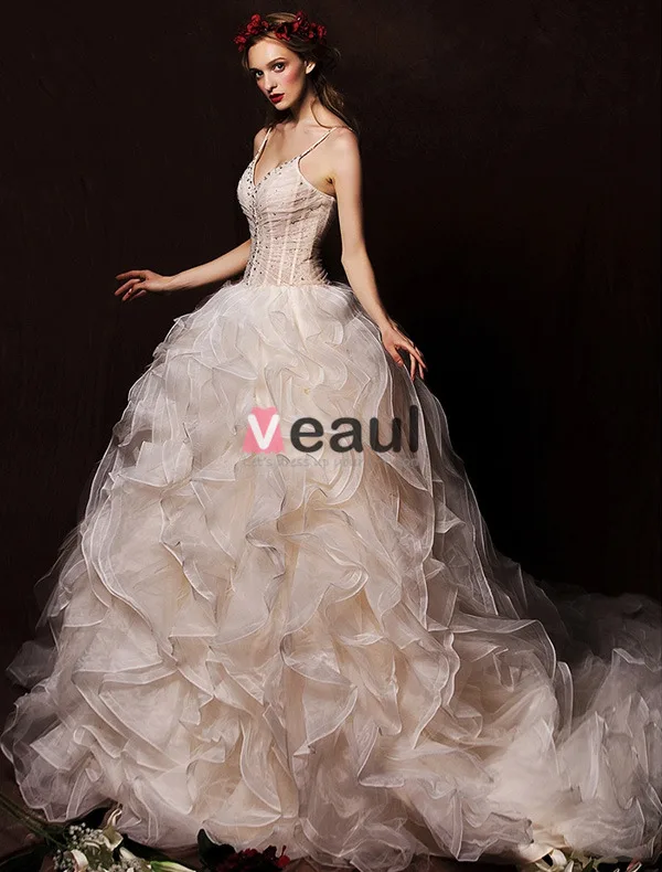 Robe De Bal Sweetheart Bretelles Spaghetti Volants En Cascade Robe De Mariée Champagne