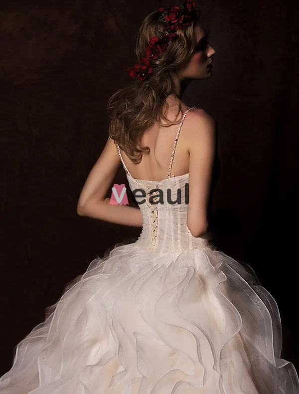 Robe De Bal Sweetheart Bretelles Spaghetti Volants En Cascade Robe De Mariée Champagne