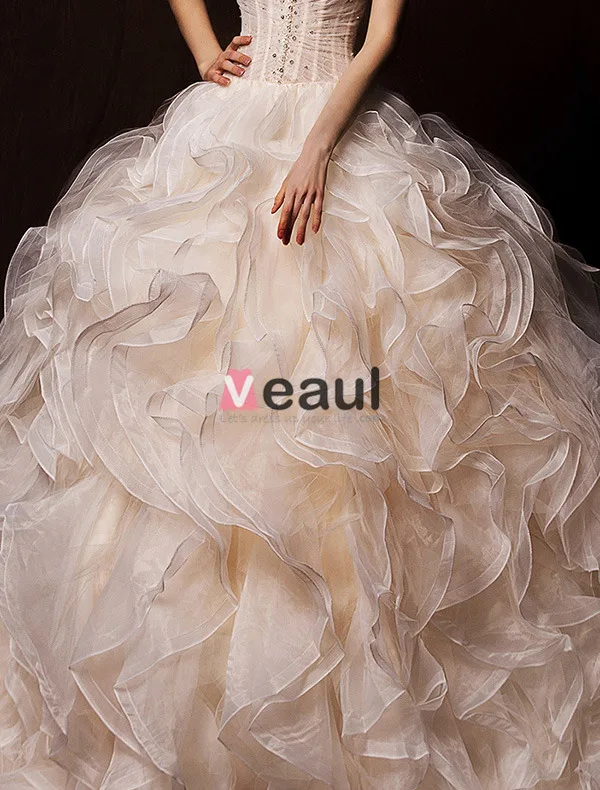 Robe De Bal Sweetheart Bretelles Spaghetti Volants En Cascade Robe De Mariée Champagne