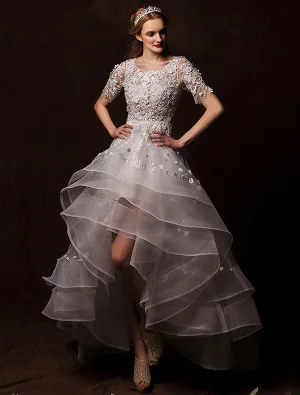 Épaules Une Ligne De Scoop Cou Appliques Asymétriques Dentelle Fleurs Robe De Mariée Plissée