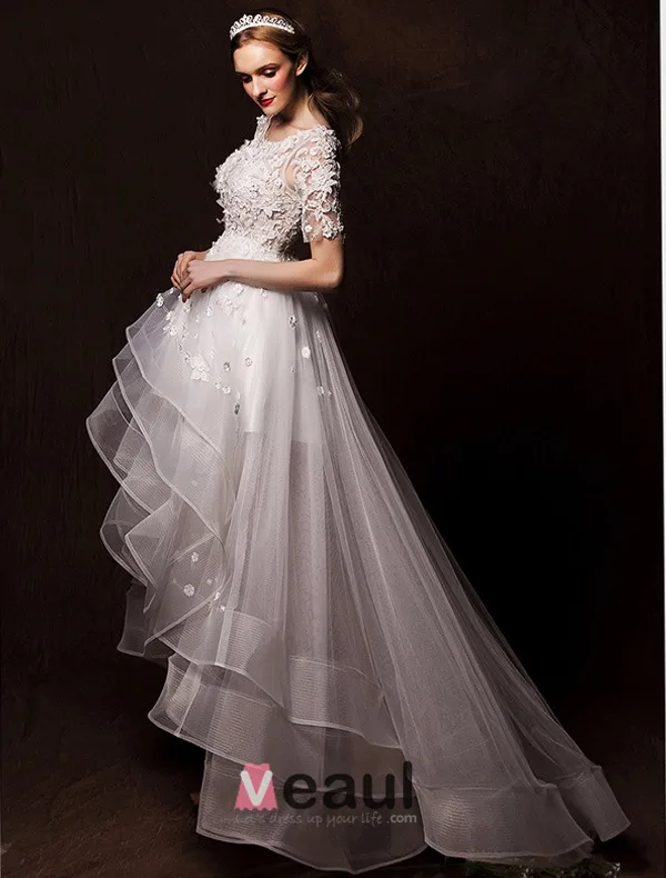 2015 A-line Shoulders Scoop Neck Asymmetrical Appliques Lace Flowers Pleated Wedding Dress