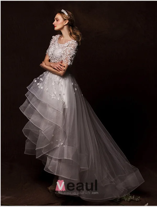 2015 A-line Shoulders Scoop Neck Asymmetrical Appliques Lace Flowers Pleated Wedding Dress