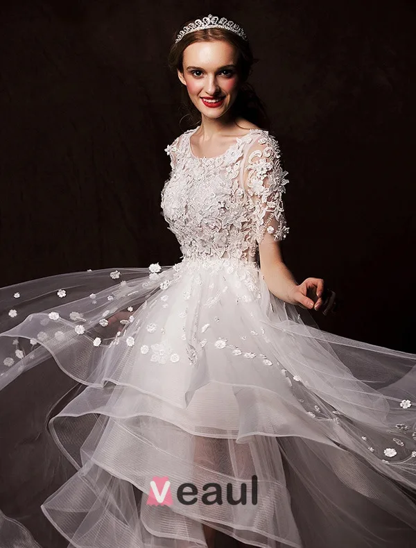 2015 A-line Shoulders Scoop Neck Asymmetrical Appliques Lace Flowers Pleated Wedding Dress