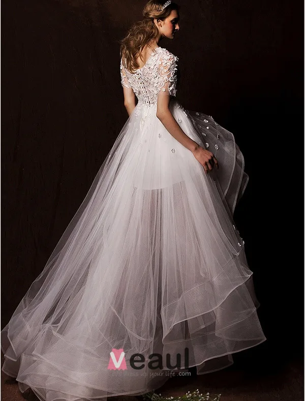 2015 A-line Shoulders Scoop Neck Asymmetrical Appliques Lace Flowers Pleated Wedding Dress