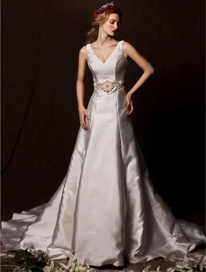 Millésime Une Ligne Épaules Robe De Mariée En Satin Col V Plongeant