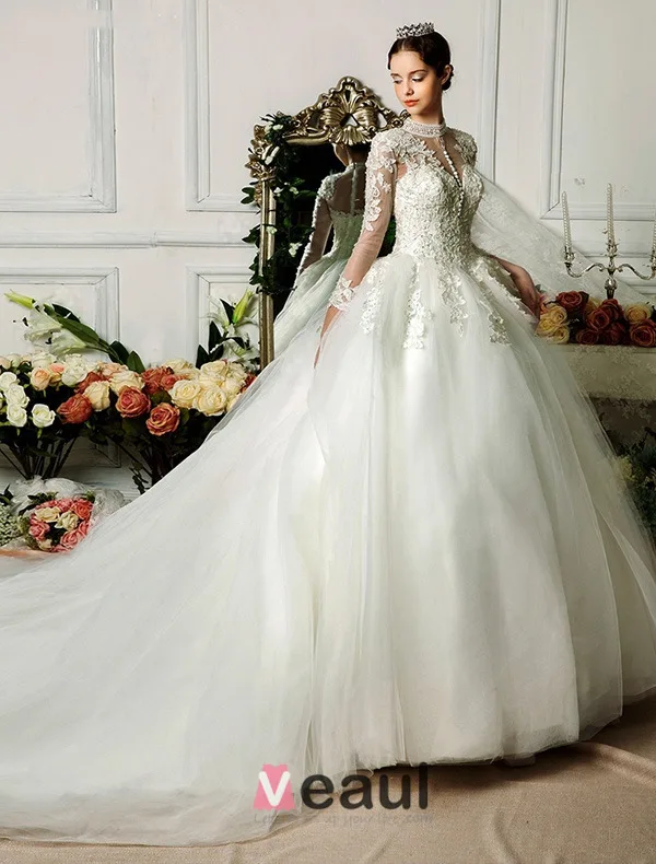 2015 Exquisite Hand Schultern 3/4 Ärmel Applikationen Spitze Ballkleid Brautkleid