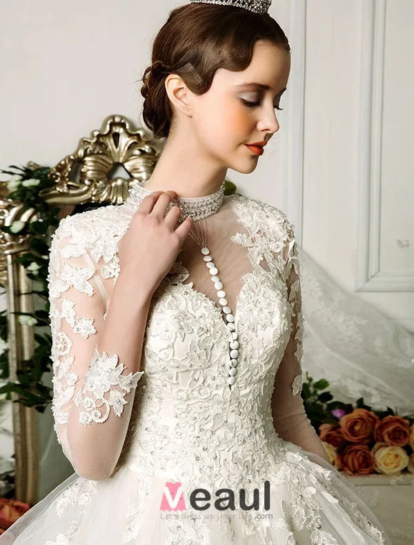 2015 Exquisite Hand Schultern 3/4 Ärmel Applikationen Spitze Ballkleid Brautkleid