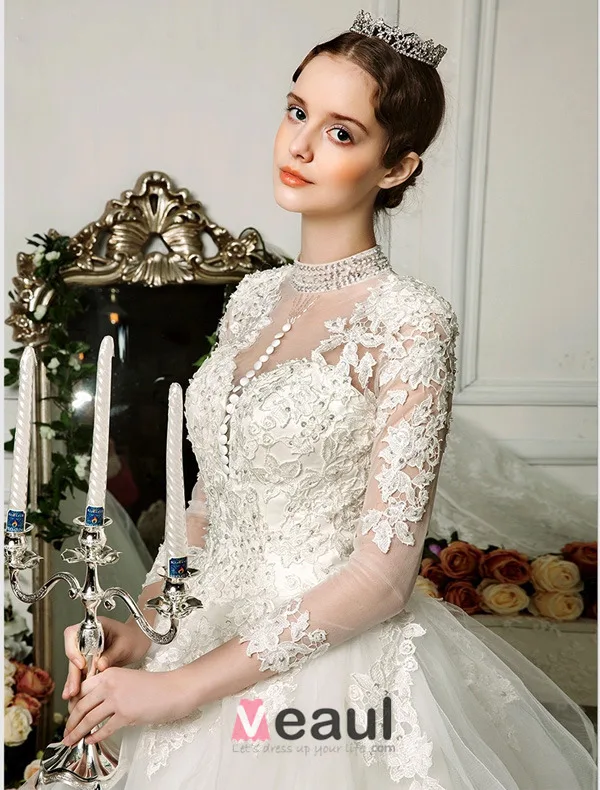 2015 Exquisite Hand Schultern 3/4 Ärmel Applikationen Spitze Ballkleid Brautkleid