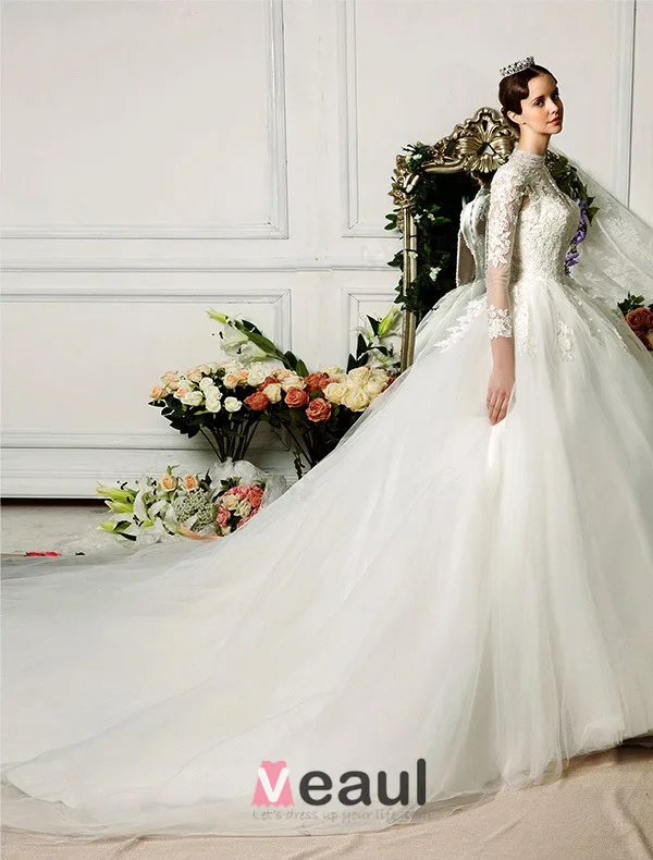 2015 Exquisite Hand Schultern 3/4 Ärmel Applikationen Spitze Ballkleid Brautkleid