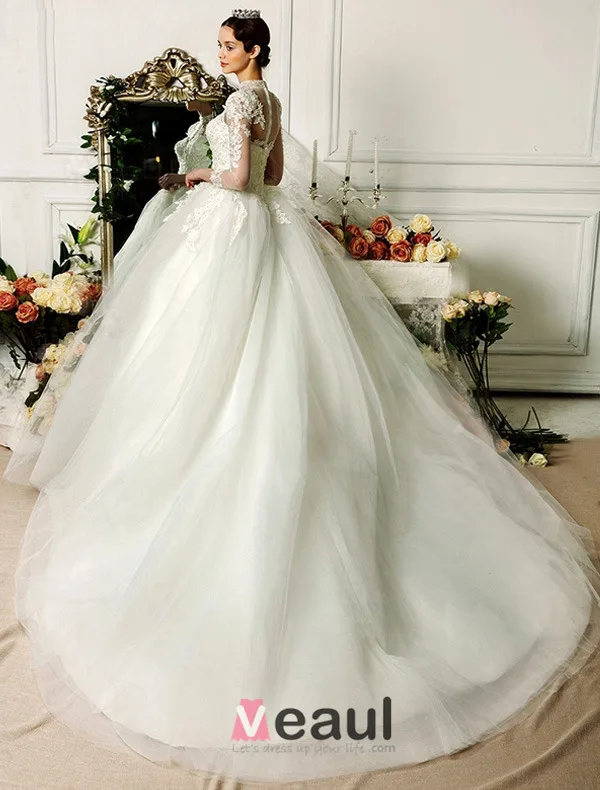 2015 Exquisite Hand Schultern 3/4 Ärmel Applikationen Spitze Ballkleid Brautkleid