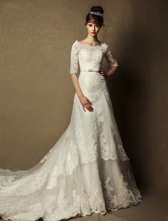A Line Square Neck Appliques Lace Sash Ivory Wedding Dress 2015