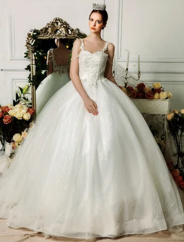 Elegante Spaghettibandjes Appliques Kant Organza Baljurk Trouwjurken