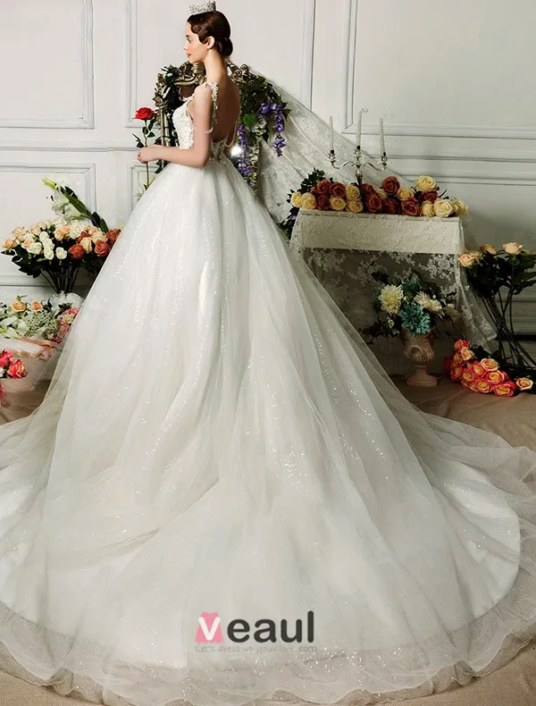 Elegante Spaghettibandjes Appliques Kant Organza Baljurk Trouwjurken