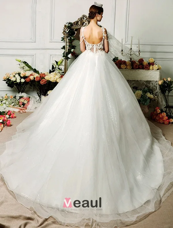 Elegante Spaghettibandjes Appliques Kant Organza Baljurk Trouwjurken